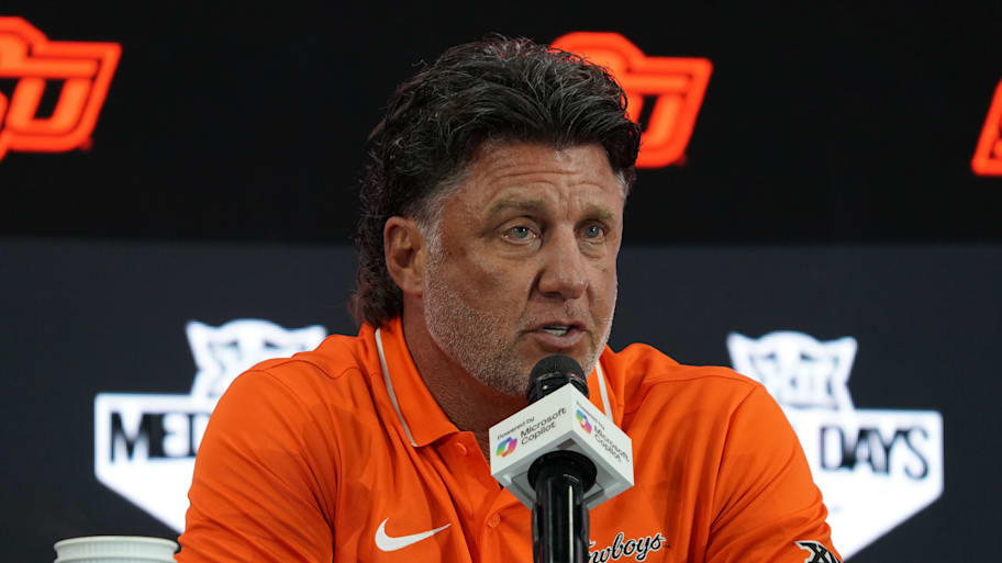 Oklahoma State head coach Mike Gundy speaks with the media during 2025 Big 12 Football Media Days.
