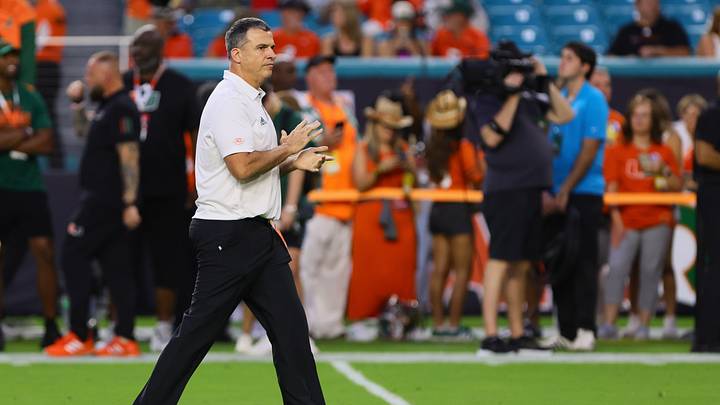 Oct 26, 2024; Miami Gardens, Florida, USA; Miami Hurricanes head coach Mario Cristobal reacts on the field before the game against the Florida State Seminoles at Hard Rock Stadium. Mandatory Credit: Sam Navarro-Imagn Images