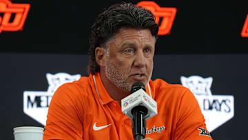 Jul 9, 2025; Frisco, TX, USA; Oklahoma State head coach Mike Gundy speaks with the media during 2025 Big 12 Football Media Days at The Star. Mandatory Credit: Raymond Carlin III-Imagn Images