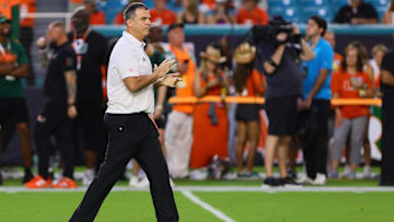 Oct 26, 2024; Miami Gardens, Florida, USA; Miami Hurricanes head coach Mario Cristobal reacts on the field before the game against the Florida State Seminoles at Hard Rock Stadium. Mandatory Credit: Sam Navarro-Imagn Images