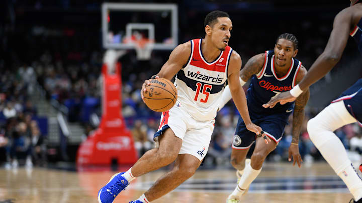 Nov 27, 2024; Washington, District of Columbia, USA; Washington Wizards guard Malcolm Brogdon (15) drives to the basket against the LA Clippers during the second quarter at Capital One Arena. Mandatory Credit: Reggie Hildred-Imagn Images