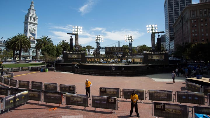 Sep 10, 2015; San Francisco, CA, USA; The NFL Kickoff Concert stage is set up near the San Francisco Ferry Building with the Bay Bridge in the background at Justin Herman Plaza. Mandatory Credit: Kelley L Cox-USA TODAY Sports