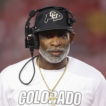 Sep 12, 2025; Houston, Texas, USA; Colorado Buffaloes head coach Deion Sanders looks on from the sideline during the first half against the Houston Cougars at TDECU Stadium.