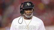 Sep 12, 2025; Houston, Texas, USA; Colorado Buffaloes head coach Deion Sanders looks on from the sideline during the first half against the Houston Cougars at TDECU Stadium.