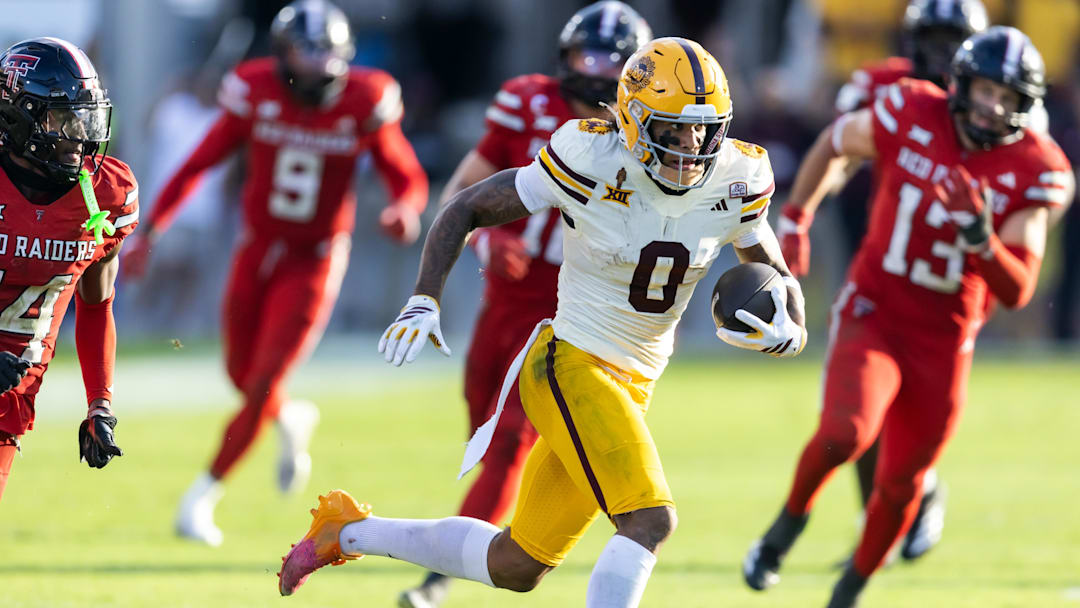 Oct 18, 2025; Tempe, Arizona, USA; Arizona State Sun Devils wide receiver Jordyn Tyson (0) against the Texas Tech Red Raiders in the second half at Mountain America Stadium. Mandatory Credit: Mark J. Rebilas-Imagn Images