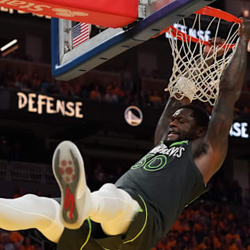Minnesota Timberwolves forward Julius Randle dunks against the Golden State Warriors in the fourth quarter during Game 3 of a Western Conference semifinal at Chase Center in San Francisco on May 10, 2025.