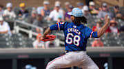 Mar 6, 2024; Salt River Pima-Maricopa, Arizona, USA; Texas Rangers pitcher Marc Church (68) on the mound in the sixth during a spring training game against  the Colorado Rockies at Salt River Fields at Talking Stick. Mandatory Credit: Allan Henry-Imagn Images