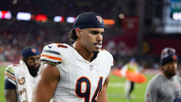 Nov 3, 2024; Glendale, Arizona, USA; Chicago Bears defensive end Austin Booker (94) against the Arizona Cardinals at State Farm Stadium. Mandatory Credit: Mark J. Rebilas-Imagn Images