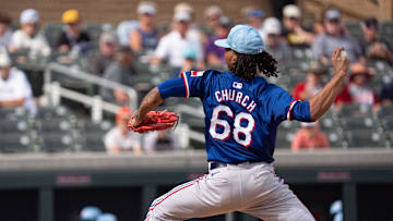 Mar 6, 2024; Salt River Pima-Maricopa, Arizona, USA; Texas Rangers pitcher Marc Church (68) on the mound in the sixth during a spring training game against  the Colorado Rockies at Salt River Fields at Talking Stick. Mandatory Credit: Allan Henry-Imagn Images