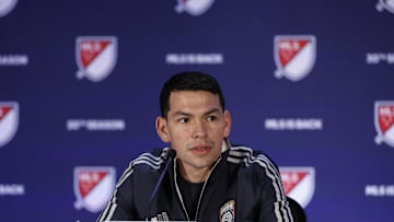 Jan 9, 2025; Miami Beach, Florida, USA;  San Diego FC Hirving Lozano fields questions during the Major League Soccer Media Day at the Miami Beach Convention Center. Mandatory Credit: Jeff Swinger-Imagn Images