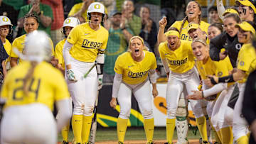 The chemistry on this Oregon team is a thing to behold. Here they celebrate a McCoy homer in the series win over UCLA in April.