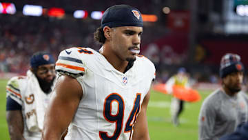 Nov 3, 2024; Glendale, Arizona, USA; Chicago Bears defensive end Austin Booker (94) against the Arizona Cardinals at State Farm Stadium. Mandatory Credit: Mark J. Rebilas-Imagn Images