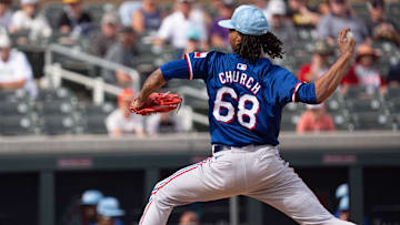 Mar 6, 2024; Salt River Pima-Maricopa, Arizona, USA; Texas Rangers pitcher Marc Church (68) on the mound in the sixth during a spring training game against  the Colorado Rockies at Salt River Fields at Talking Stick. Mandatory Credit: Allan Henry-Imagn Images