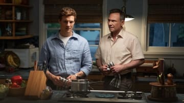 L-R Patrick Gibson as Dexter Morgan and Christian Slater as Harry Morgan in Dexter: Original Sin, streaming on Paramount+, 2024. Photo Credit: Patrick Wymore/Paramount+ with Showtime