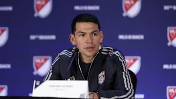 Jan 9, 2025; Miami Beach, Florida, USA;  San Diego FC Hirving Lozano fields questions during the Major League Soccer Media Day at the Miami Beach Convention Center. Mandatory Credit: Jeff Swinger-Imagn Images