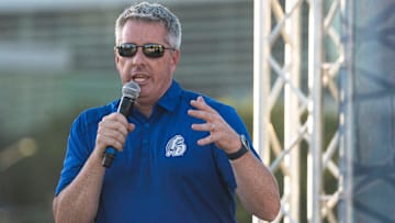 Drake University Athletic Director Brian Hardin speaks during Drake Hoops Fest at Brenton Skating Plaza on Thursday, Sept. 26, 2024, in Des Moines.