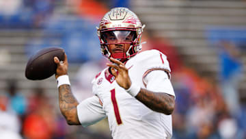 Nov 29, 2025; Gainesville, Florida, USA; Florida State Seminoles quarterback Tommy Castellanos (1) throws the ball before a game against the Florida Gators at Ben Hill Griffin Stadium. Mandatory Credit: Matt Pendleton-Imagn Images