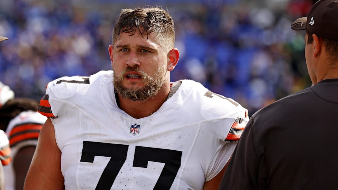 Cleveland Browns guard Wyatt Teller (77) during the game against the Baltimore Ravens at M&T Bank Stadium. Cleveland Browns guard Wyatt Teller (77) during the game against the Baltimore Ravens at M&T Bank Stadium.