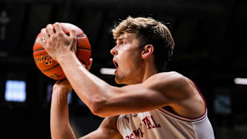 Assembly Ball Miller Kopp (12) shoots a 3-pointer Tuesday, July 23, 2024, during the final matchup of The Basketball Tournament at Hinkle Fieldhouse in Indianapolis. Eberlein Drive defeated Assembly Hall, 82-79.
