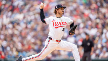 Jul 21, 2024; Minneapolis, Minnesota, USA; Minnesota Twins pitcher Joe Ryan (41) pitches in the first inning to Milwaukee Brewers shortstop Willy Adames (27) at Target Field. Mandatory Credit: Matt Blewett-USA TODAY Sports