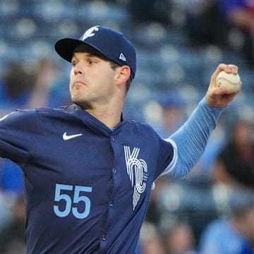 Kansas City Royals starting pitcher Cole Ragans (55) delivers a pitch against the Minnesota Twins during the first inning at Kauffman Stadium on Sept 6.