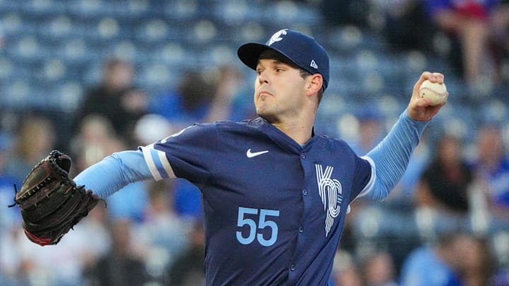 Kansas City Royals starting pitcher Cole Ragans (55) delivers a pitch against the Minnesota Twins during the first inning at Kauffman Stadium on Sept 6.