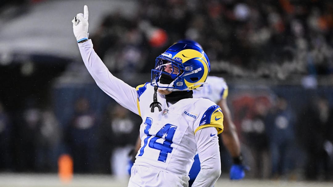 Jan 18, 2026; Chicago, IL, USA; Los Angeles Rams cornerback Cobie Durant (14) reacts to a rushing touchdown scored by running back Kyren Williams (not pictured) against the Chicago Bears during the fourth quarter of an NFC Divisional Round game at Soldier Field. Mandatory Credit: Matt Marton-Imagn Images