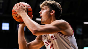 Assembly Ball's Miller Kopp shoots a 3-pointer Tuesday, July 23, 2024, during the final matchup of The Basketball Tournament at Hinkle Fieldhouse in Indianapolis.