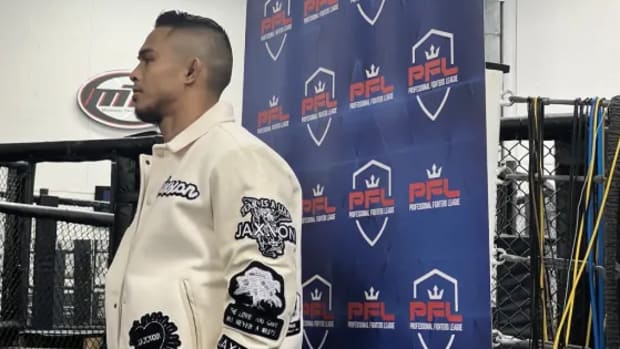 Kai Kamaka answers questions during a PFL media day session.