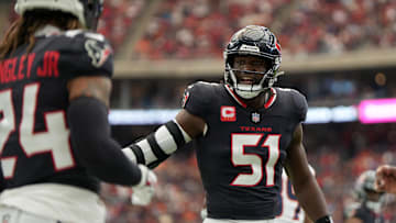 Nov 2, 2025; Houston, Texas, USA; Houston Texans defensive end Will Anderson Jr. (51) reacts after a play during the first half against the Denver Broncos at NRG Stadium. Mandatory Credit: Sean Thomas-Imagn Images