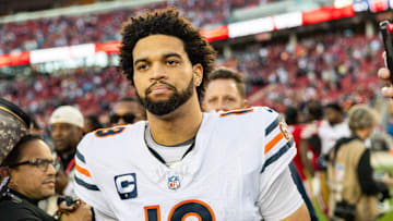 Dec 8, 2024; Santa Clara, California, USA; Chicago Bears quarterback Caleb Williams (18) looks on after the game against the San Francisco 49ers at Levi's Stadium.