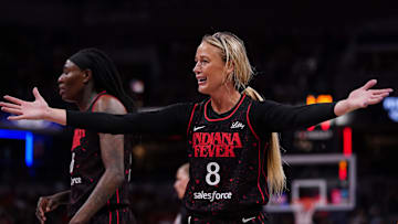Indiana Fever guard Sophie Cunningham (8) reacts to a call from the referee on Tuesday, Aug. 12, 2025, during the game at Gainbridge Fieldhouse in Indianapolis. The Dallas Wings defeated the Indiana Fever, 81-80.