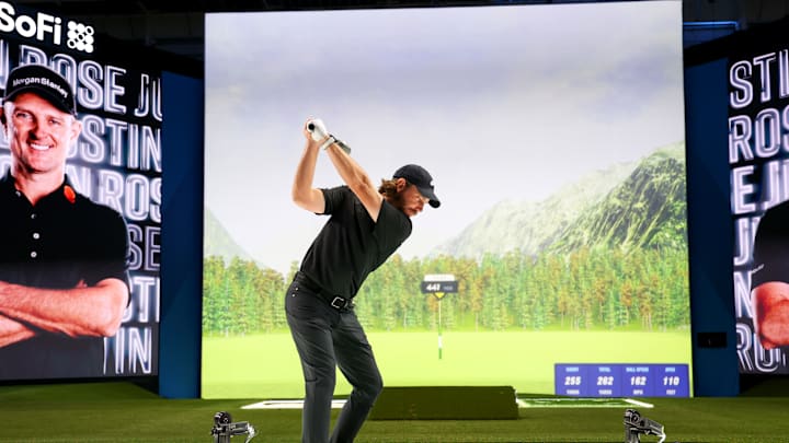 Tommy Fleetwood swings during a TGL match between Boston Common and Los Angeles Golf Club