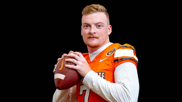 Alan Bowman (7) is pictured during the Oklahoma State football media day in Stillwater, Okla., on Saturday, Aug. 3, 2024.