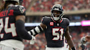 Nov 2, 2025; Houston, Texas, USA; Houston Texans defensive end Will Anderson Jr. (51) reacts after a play during the first half against the Denver Broncos at NRG Stadium. Mandatory Credit: Sean Thomas-Imagn Images