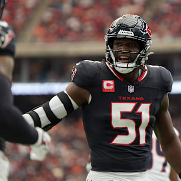 Nov 2, 2025; Houston, Texas, USA; Houston Texans defensive end Will Anderson Jr. (51) reacts after a play during the first half against the Denver Broncos at NRG Stadium. Mandatory Credit: Sean Thomas-Imagn Images