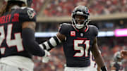 Nov 2, 2025; Houston, Texas, USA; Houston Texans defensive end Will Anderson Jr. (51) reacts after a play during the first half against the Denver Broncos at NRG Stadium. Mandatory Credit: Sean Thomas-Imagn Images