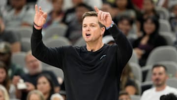 Oct 10, 2025; San Antonio, Texas, USA; Utah Jazz head coach Will Hardy signals to players during the first half against the San Antonio Spurs at Frost Bank Center. Mandatory Credit: Scott Wachter-Imagn Images