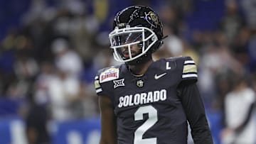 Dec 28, 2024; San Antonio, TX, USA; Colorado Buffaloes quarterback Shedeur Sanders (2) warms up before the game against the Brigham Young Cougars at Alamodome.