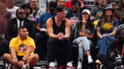 Jun 1, 2024; Indianapolis, Indiana, USA; Retired Indianapolis Colts player and sports analyst Pat McAfee and family attend 
a game between the Indiana Fever and the Chicago Sky at Grainbridge Fieldhouse. Mandatory Credit: Michelle Pemberton/INDIANAPOLIS STAR-USA TODAY Sports