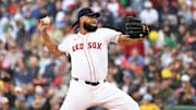 Sep 22, 2024; Boston, Massachusetts, USA;  Boston Red Sox pitcher Kenley Jansen (74) pitches against the Minnesota Twins during the ninth inning at Fenway Park. Mandatory Credit: Eric Canha-Imagn Images