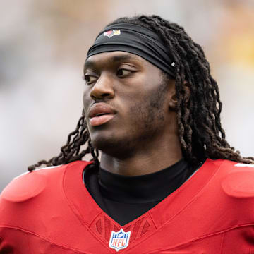 Oct 19, 2025; Glendale, Arizona, USA; Arizona Cardinals wide receiver Marvin Harrison Jr. (18) against the Green Bay Packers at State Farm Stadium. Mandatory Credit: Mark J. Rebilas-Imagn Images