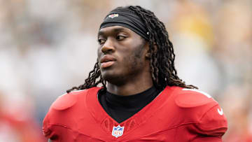 Oct 19, 2025; Glendale, Arizona, USA; Arizona Cardinals wide receiver Marvin Harrison Jr. (18) against the Green Bay Packers at State Farm Stadium. Mandatory Credit: Mark J. Rebilas-Imagn Images
