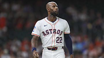 Sep 11, 2024; Houston, Texas, USA; Houston Astros right fielder Jason Heyward (22) reacts after striking out during the seventh inning against the Oakland Athletics at Minute Maid Park. Mandatory Credit: Troy Taormina-Imagn Images