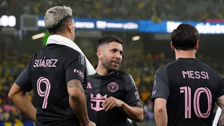 Luis Suarez, Jordi Alba, and Lionel Messi in action for Inter Miami. Luis Suarez, Jordi Alba, and Lionel Messi in action for Inter Miami.