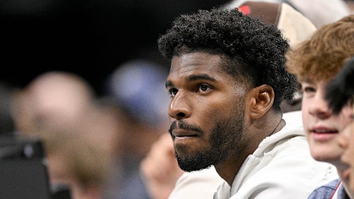 Colorado Buffaloes quarterback Shedeur Sanders looks on during the game between the Dallas Mavericks and the Denver Nuggets in the second quarter at the American Airlines Center. Colorado Buffaloes quarterback Shedeur Sanders looks on during the game between the Dallas Mavericks and the Denver Nuggets in the second quarter at the American Airlines Center.