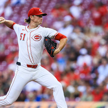 Aug 12, 2025; Cincinnati, Ohio, USA; Cincinnati Reds starting pitcher Brady Singer (51) pitches against the Philadelphia Phillies in the first inning at Great American Ball Park. Mandatory Credit: Katie Stratman-Imagn Images