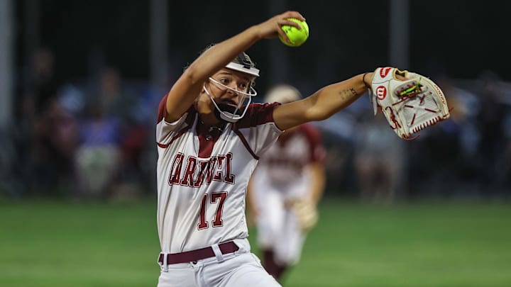 Caravel Academy pitcher Kasey Xenidis (17) pitching in the top of the seventh inning, during a DIAA STATE TOURNAMENT CHAMPIONSHIP GAME between #2 Sussex Central and #1 Caravel Academy Friday, May. 31, 2024; at UD Softball Stadium on the campus at The University Of Delaware in Newark, DE.