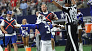 Dallas Cowboys wide receiver George Pickens celebrates after catching a pass for a successful two-point conversion 