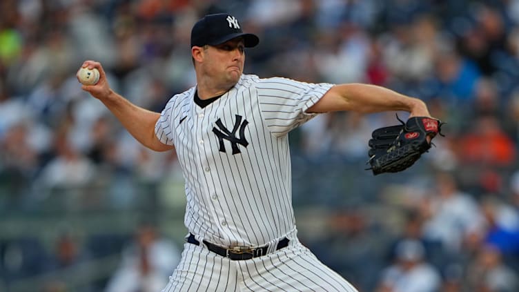 New York Yankees pitcher Gerrit Cole (45) delivers a pitch.